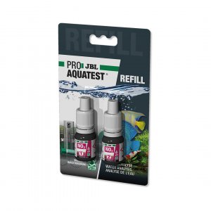 Deux recharges de réactifs ProAqua Test de JBL pour mesurer les niveaux de nitrites (NO2) dans un aquarium, assurant un environnement aquatique sain et sécurisé pour les poissons.